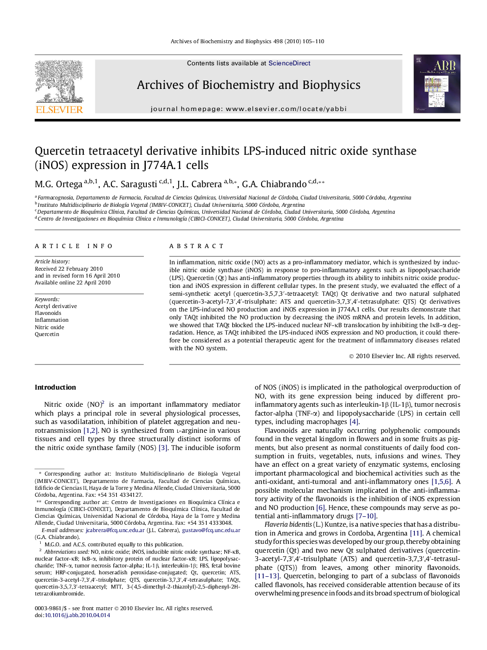 Quercetin tetraacetyl derivative inhibits LPS-induced nitric oxide synthase (iNOS) expression in J774A.1 cells