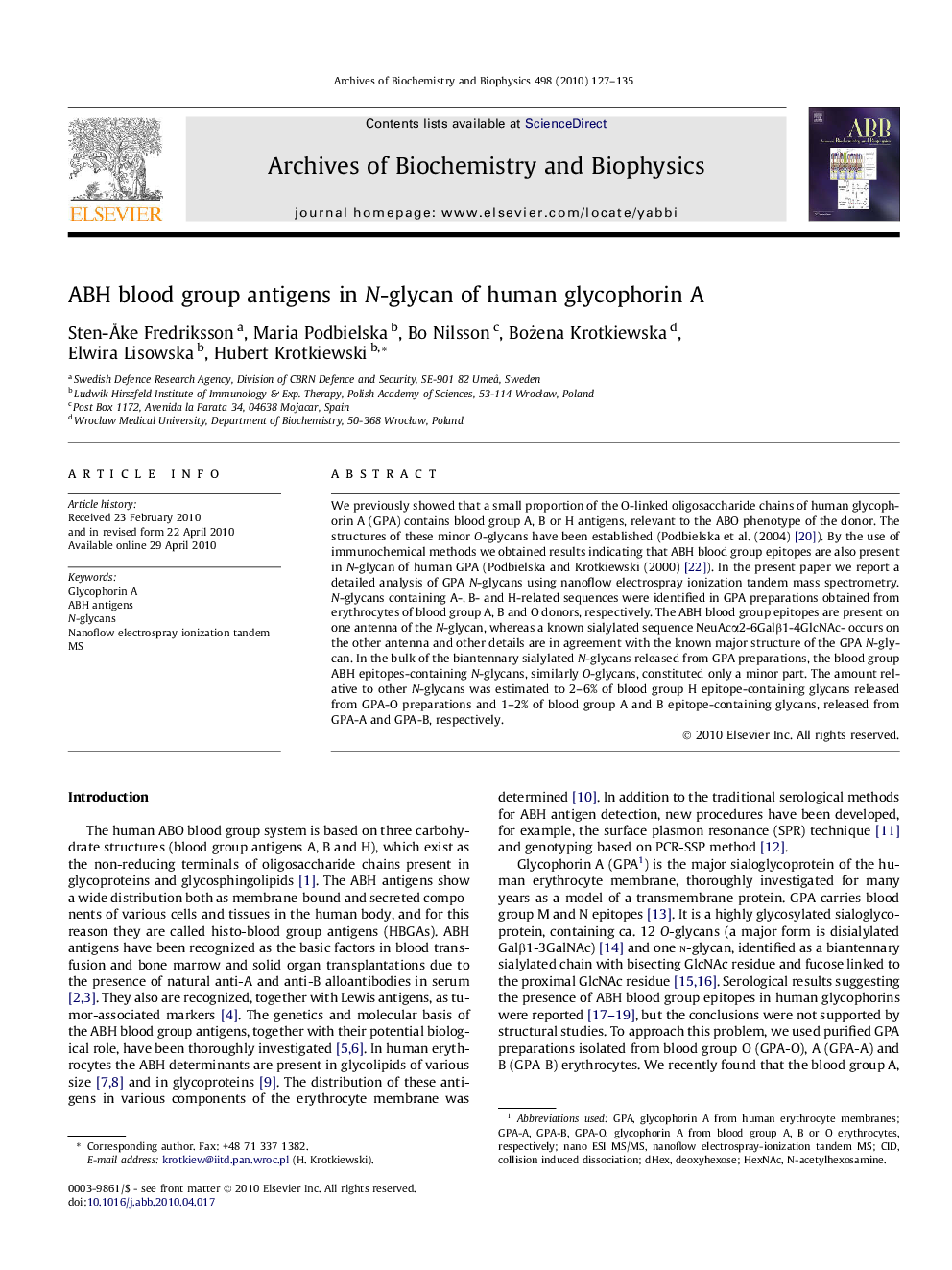 ABH blood group antigens in N-glycan of human glycophorin A