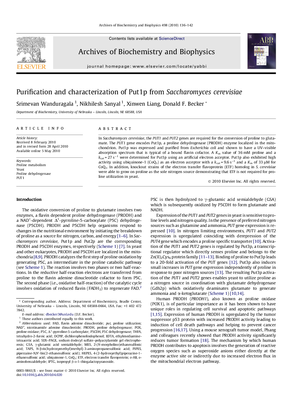 Purification and characterization of Put1p from Saccharomyces cerevisiae