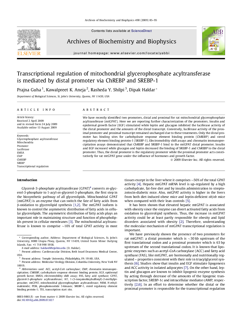 Transcriptional regulation of mitochondrial glycerophosphate acyltransferase is mediated by distal promoter via ChREBP and SREBP-1