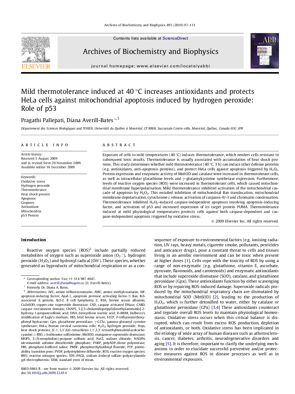 Mild thermotolerance induced at 40 °C increases antioxidants and protects HeLa cells against mitochondrial apoptosis induced by hydrogen peroxide: Role of p53