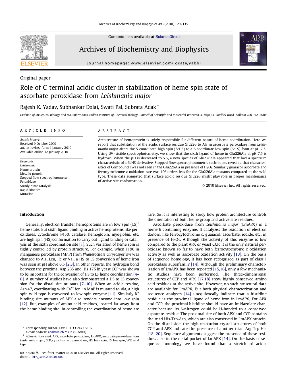 Role of C-terminal acidic cluster in stabilization of heme spin state of ascorbate peroxidase from Leishmania major