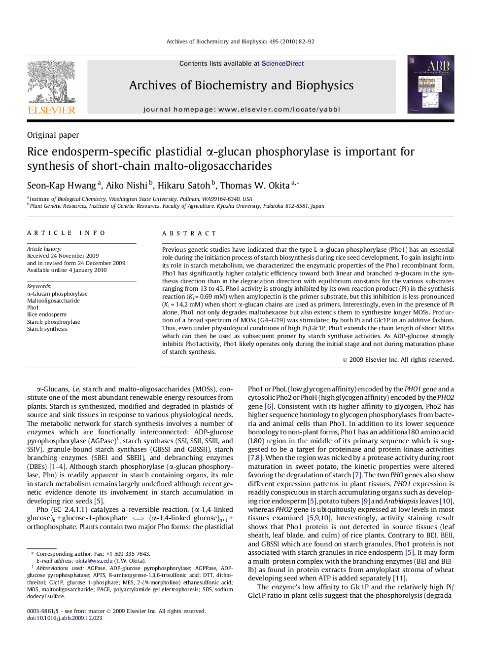 Rice endosperm-specific plastidial α-glucan phosphorylase is important for synthesis of short-chain malto-oligosaccharides