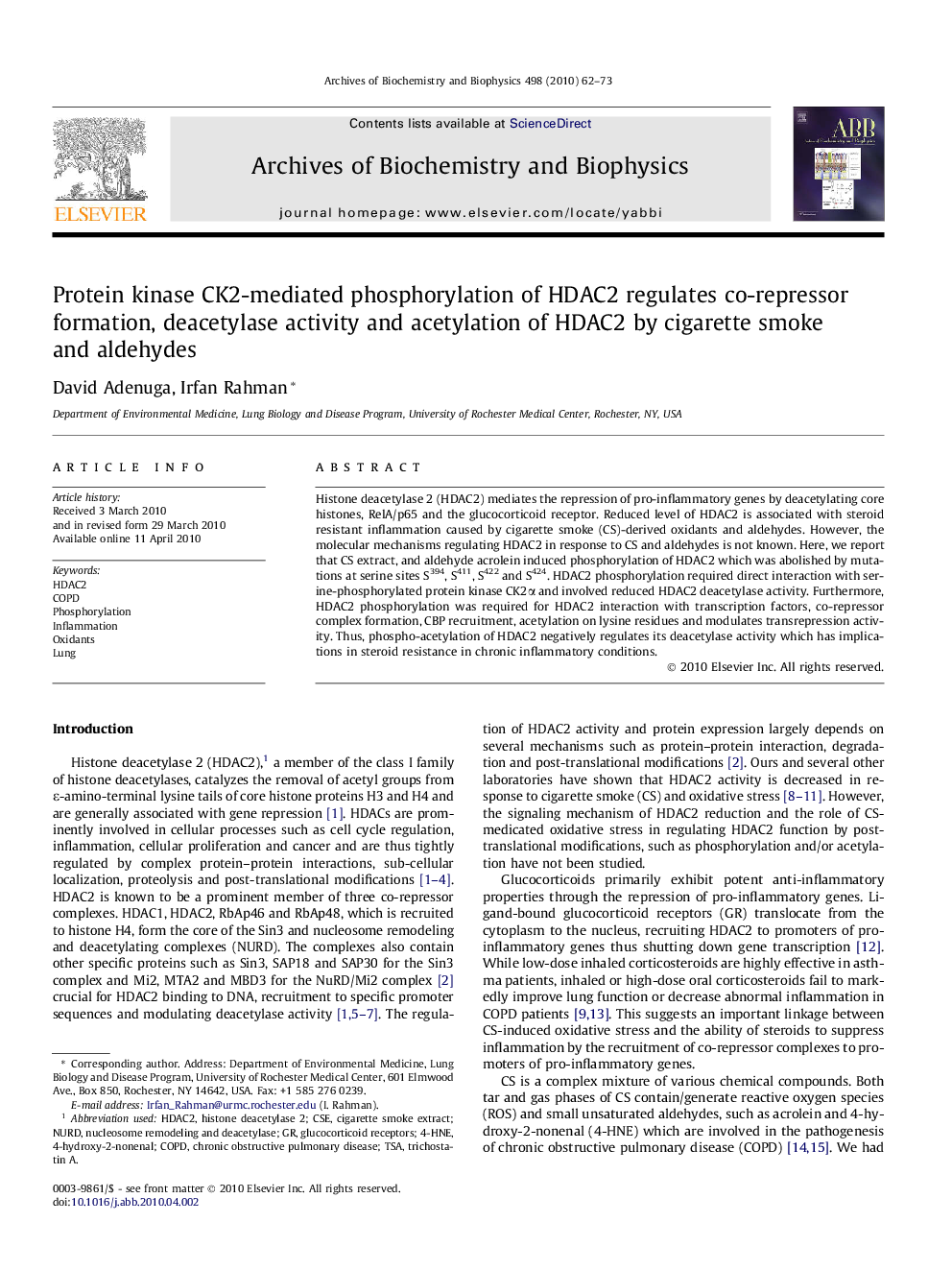 Protein kinase CK2-mediated phosphorylation of HDAC2 regulates co-repressor formation, deacetylase activity and acetylation of HDAC2 by cigarette smoke and aldehydes