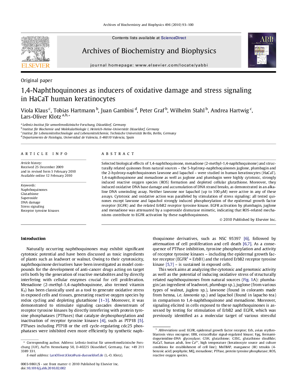 1,4-Naphthoquinones as inducers of oxidative damage and stress signaling in HaCaT human keratinocytes