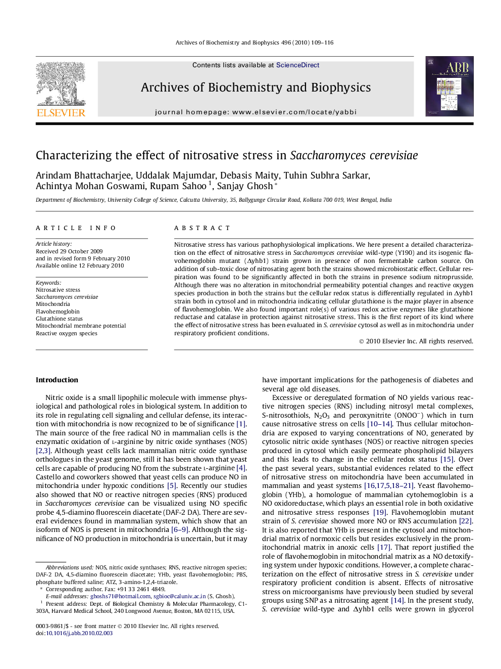 Characterizing the effect of nitrosative stress in Saccharomyces cerevisiae