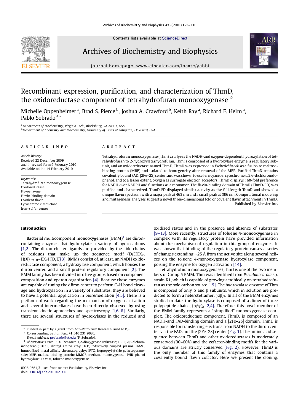 Recombinant expression, purification, and characterization of ThmD, the oxidoreductase component of tetrahydrofuran monooxygenase 