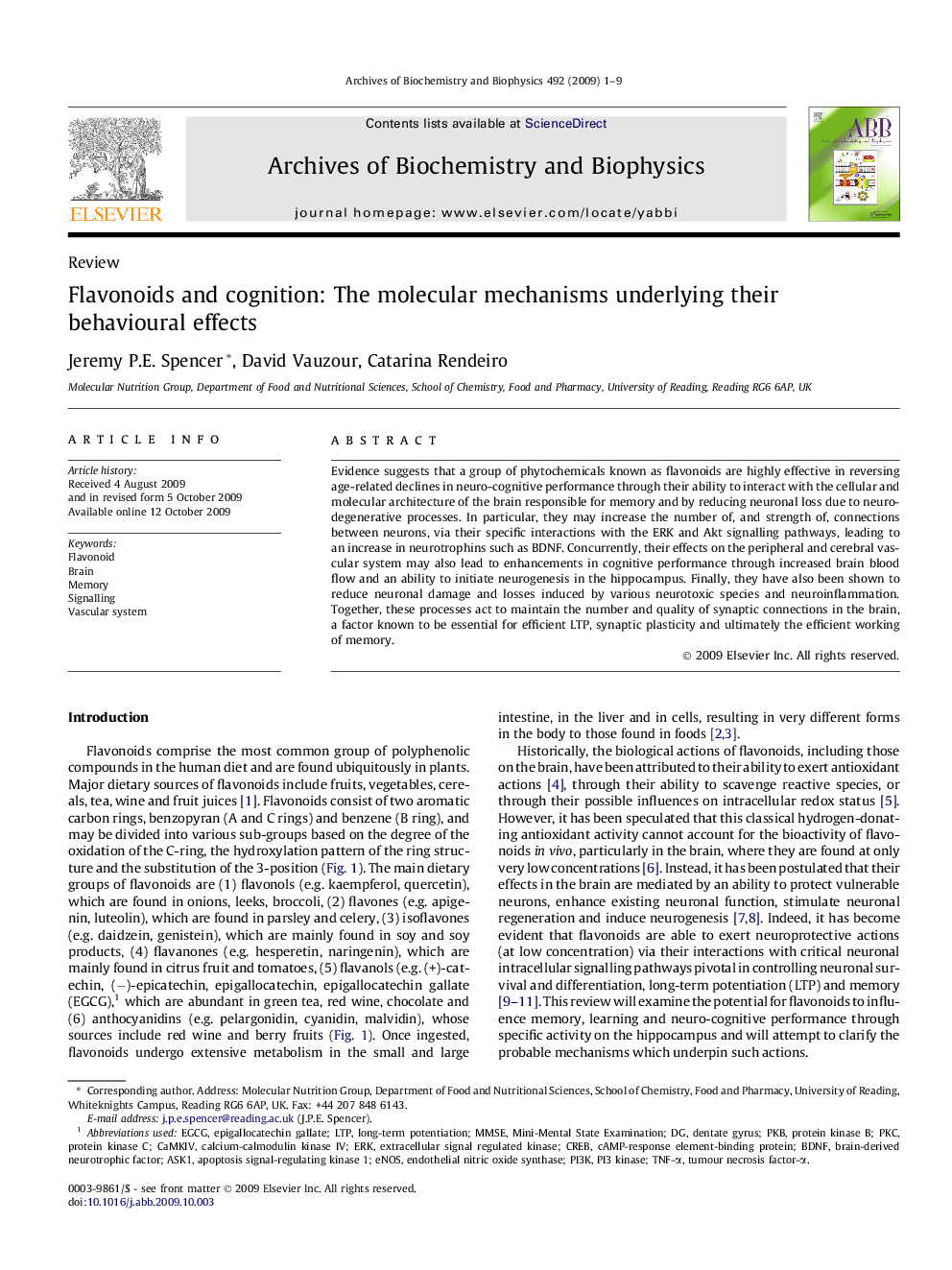 Flavonoids and cognition: The molecular mechanisms underlying their behavioural effects