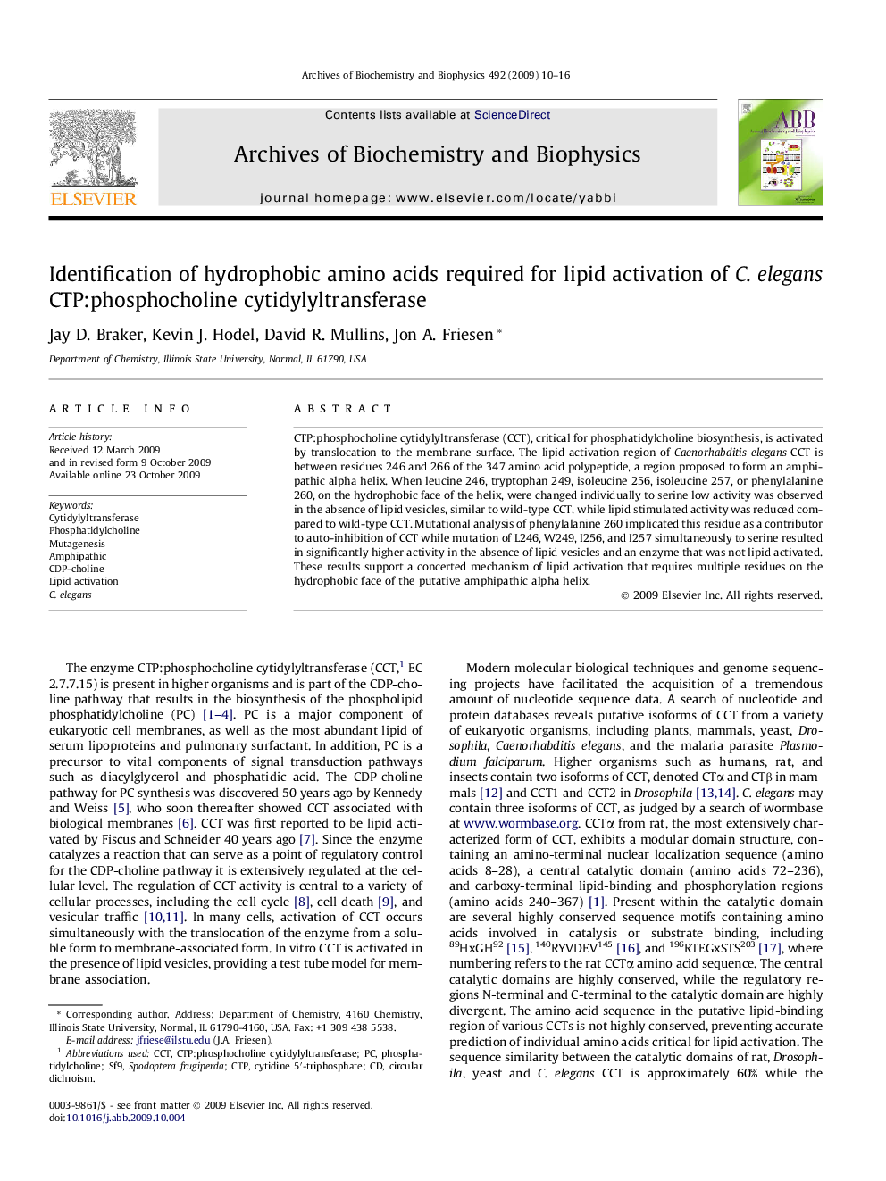 Identification of hydrophobic amino acids required for lipid activation of C. elegans CTP:phosphocholine cytidylyltransferase