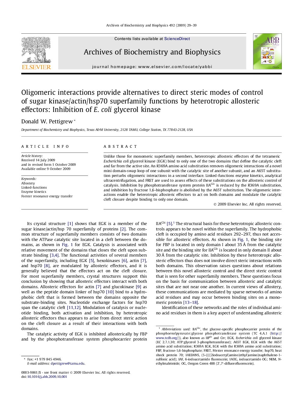 Oligomeric interactions provide alternatives to direct steric modes of control of sugar kinase/actin/hsp70 superfamily functions by heterotropic allosteric effectors: Inhibition of E. coli glycerol kinase