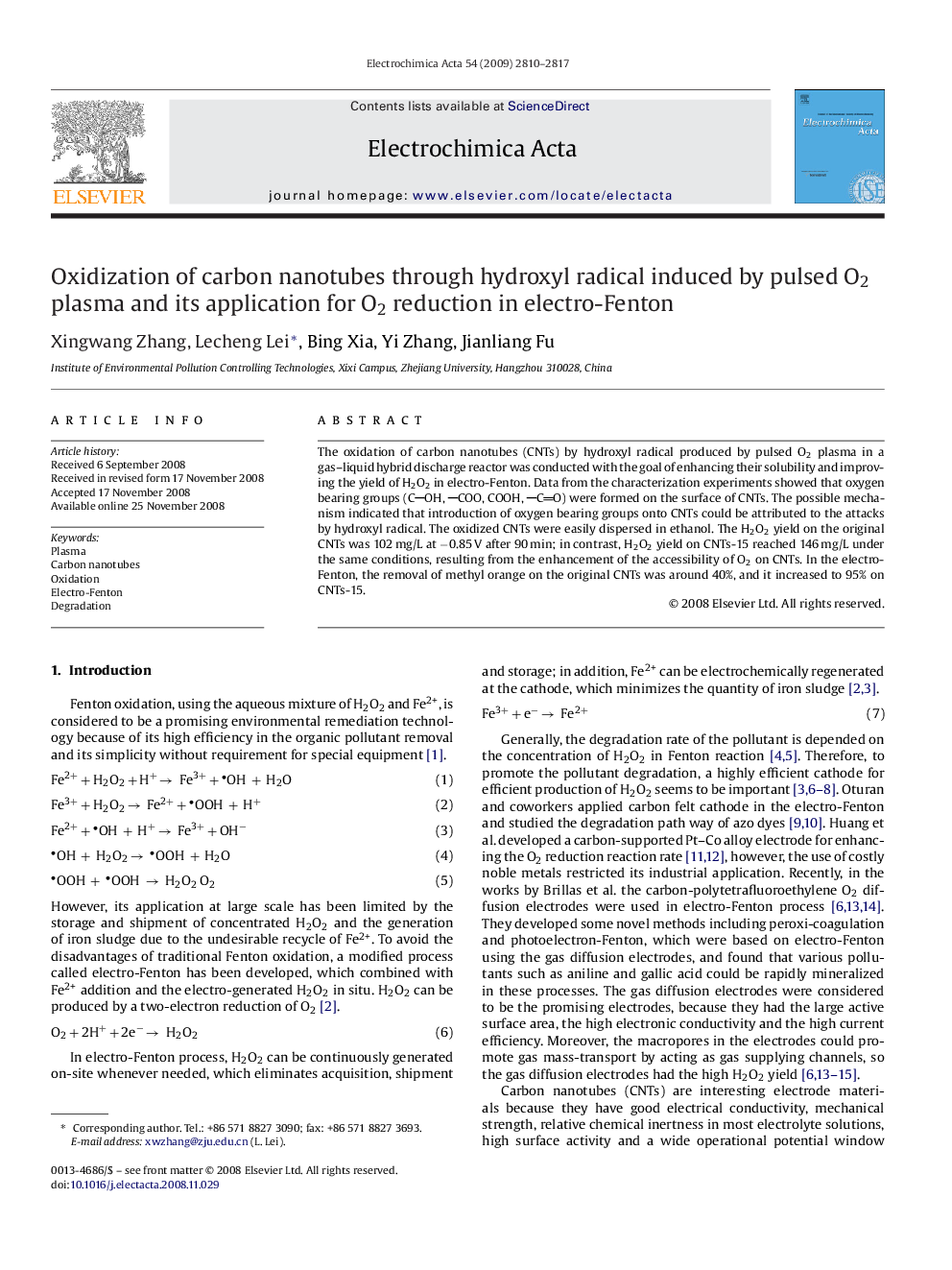 Oxidization of carbon nanotubes through hydroxyl radical induced by pulsed O2 plasma and its application for O2 reduction in electro-Fenton