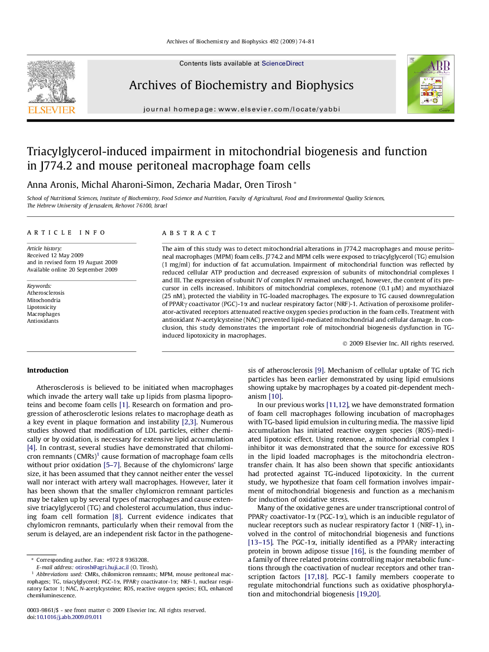 Triacylglycerol-induced impairment in mitochondrial biogenesis and function in J774.2 and mouse peritoneal macrophage foam cells