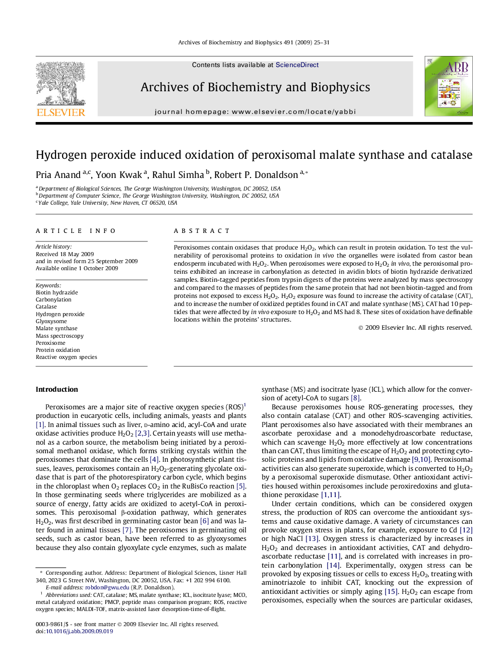 Hydrogen peroxide induced oxidation of peroxisomal malate synthase and catalase