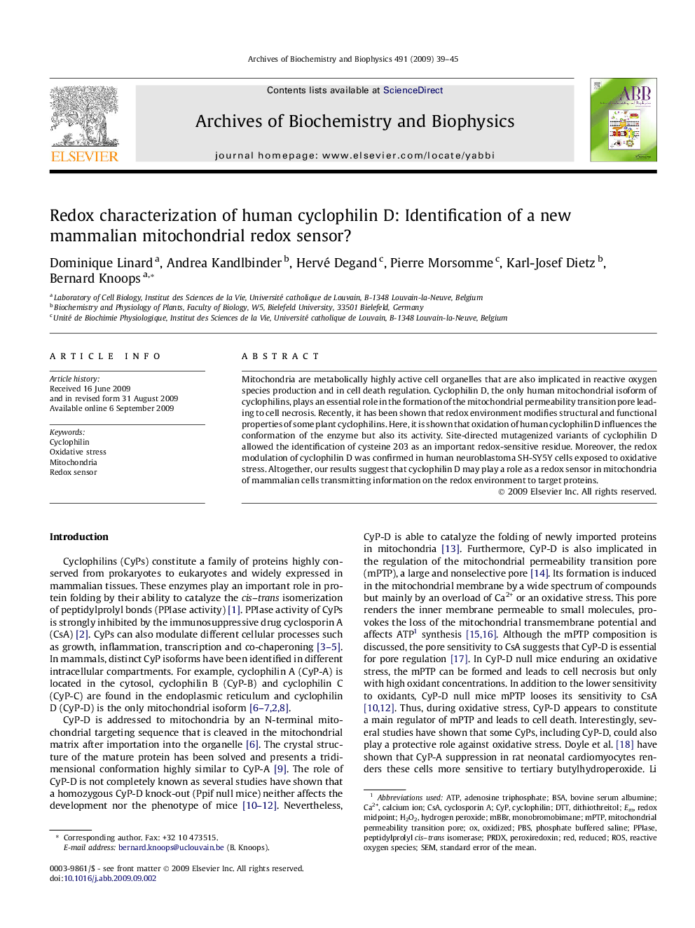 Redox characterization of human cyclophilin D: Identification of a new mammalian mitochondrial redox sensor?