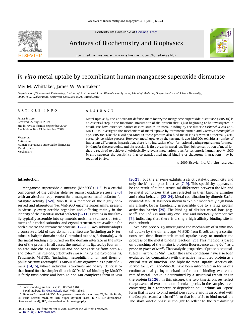 In vitro metal uptake by recombinant human manganese superoxide dismutase