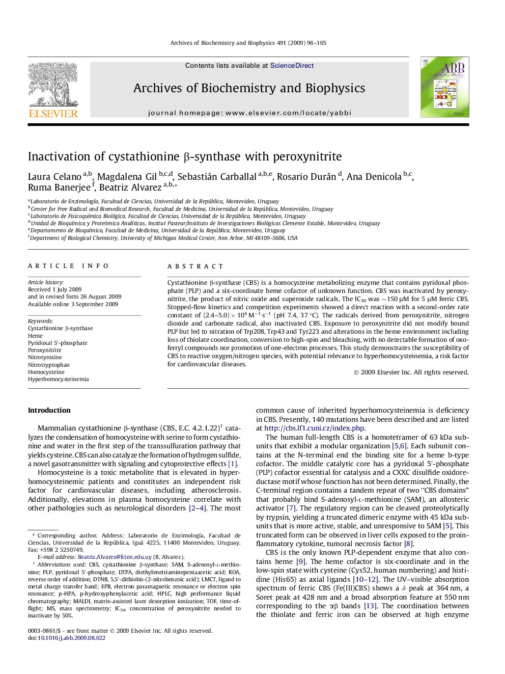 Inactivation of cystathionine Î²-synthase with peroxynitrite