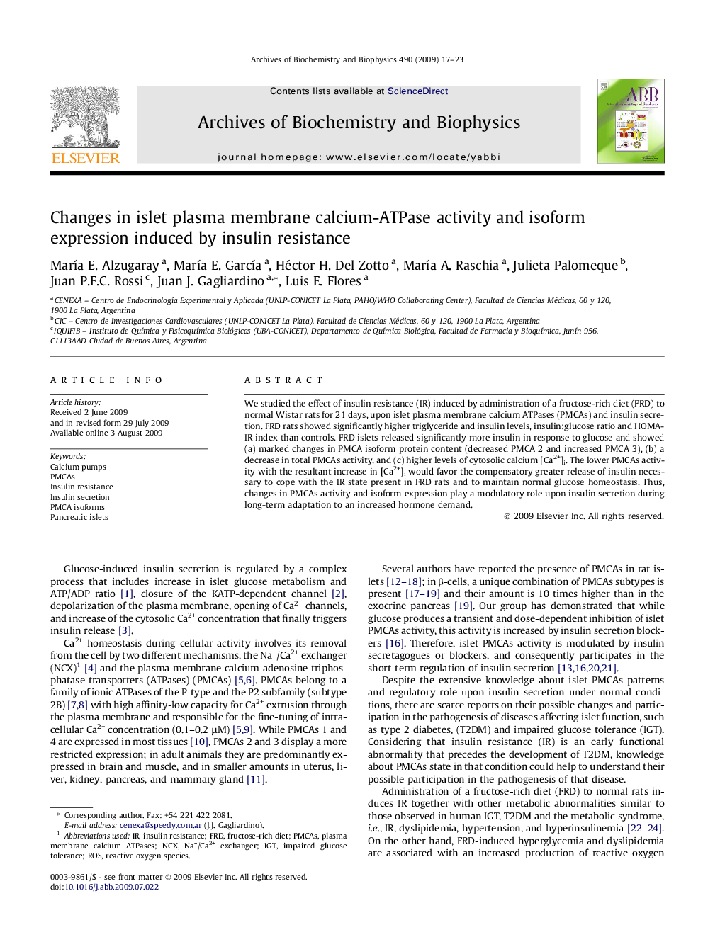 Changes in islet plasma membrane calcium-ATPase activity and isoform expression induced by insulin resistance