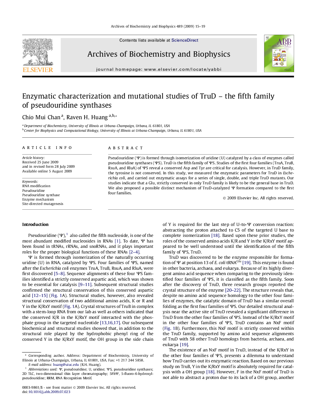 Enzymatic characterization and mutational studies of TruD – the fifth family of pseudouridine synthases