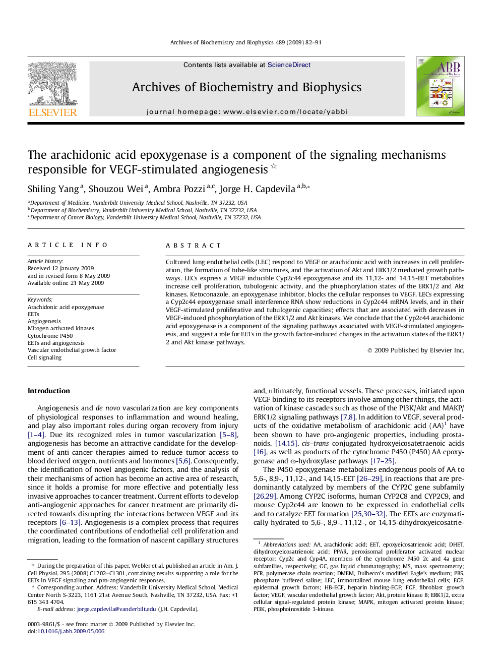 The arachidonic acid epoxygenase is a component of the signaling mechanisms responsible for VEGF-stimulated angiogenesis 