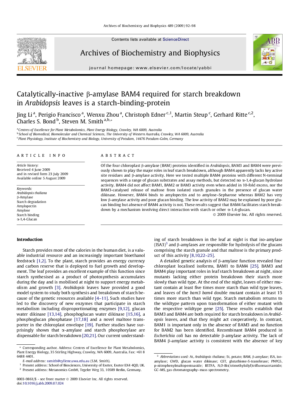 Catalytically-inactive β-amylase BAM4 required for starch breakdown in Arabidopsis leaves is a starch-binding-protein