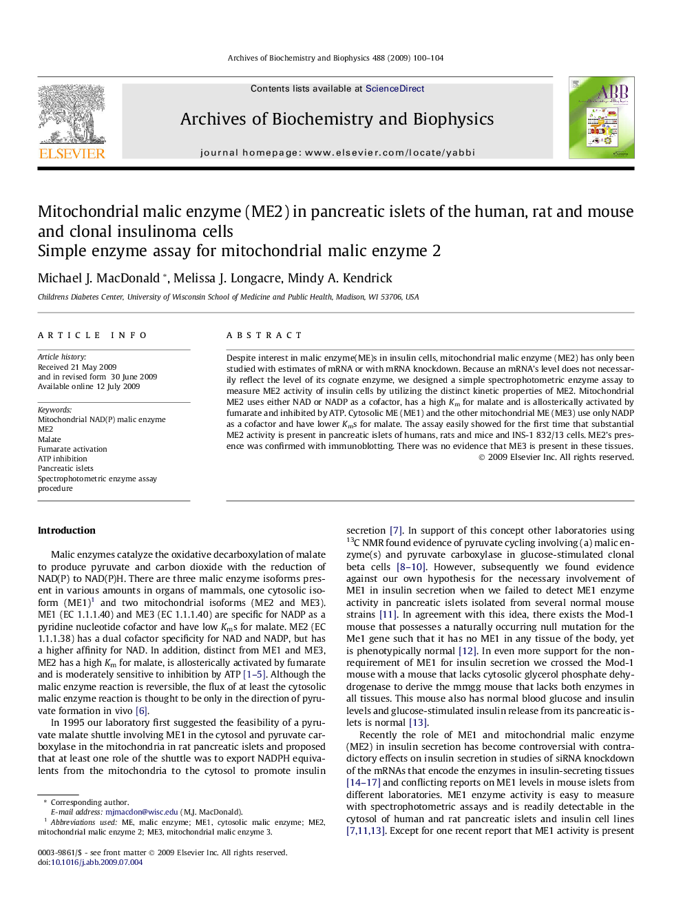 Mitochondrial malic enzyme (ME2) in pancreatic islets of the human, rat and mouse and clonal insulinoma cells: Simple enzyme assay for mitochondrial malic enzyme 2