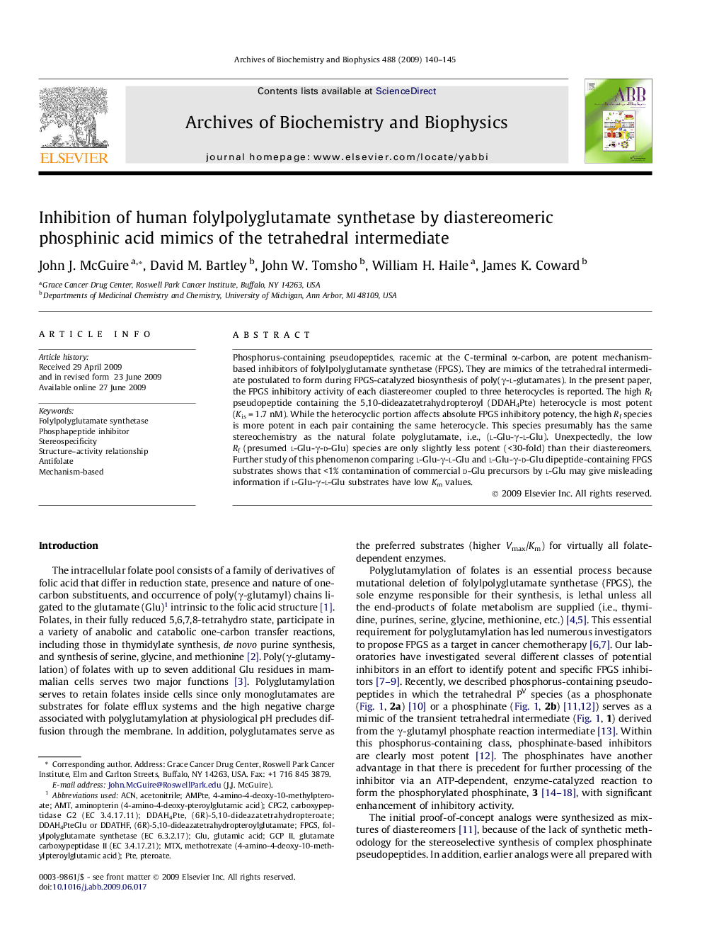 Inhibition of human folylpolyglutamate synthetase by diastereomeric phosphinic acid mimics of the tetrahedral intermediate