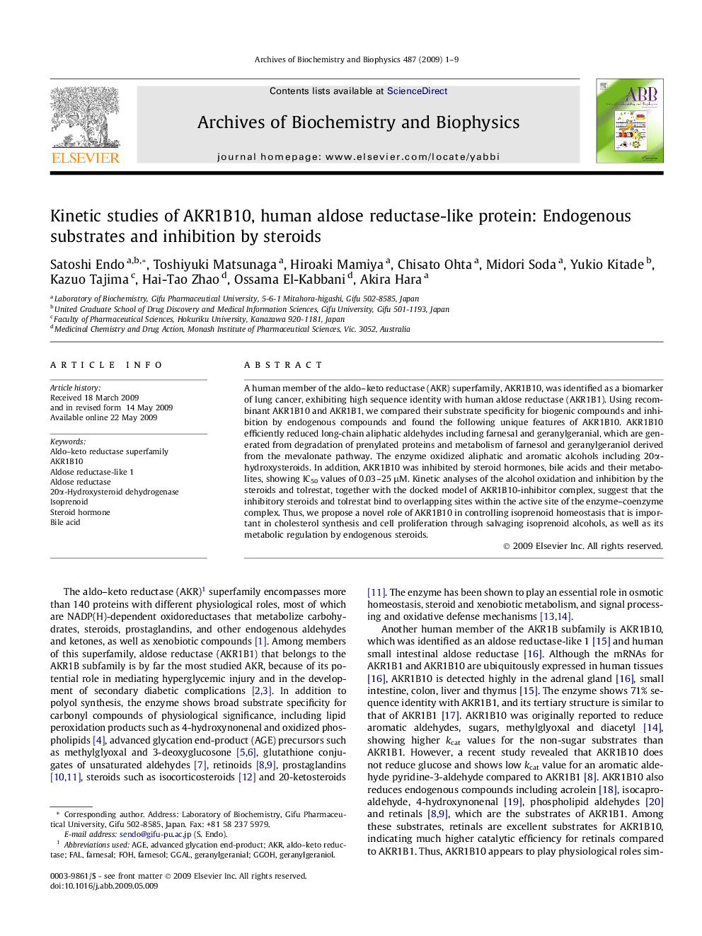 Kinetic studies of AKR1B10, human aldose reductase-like protein: Endogenous substrates and inhibition by steroids