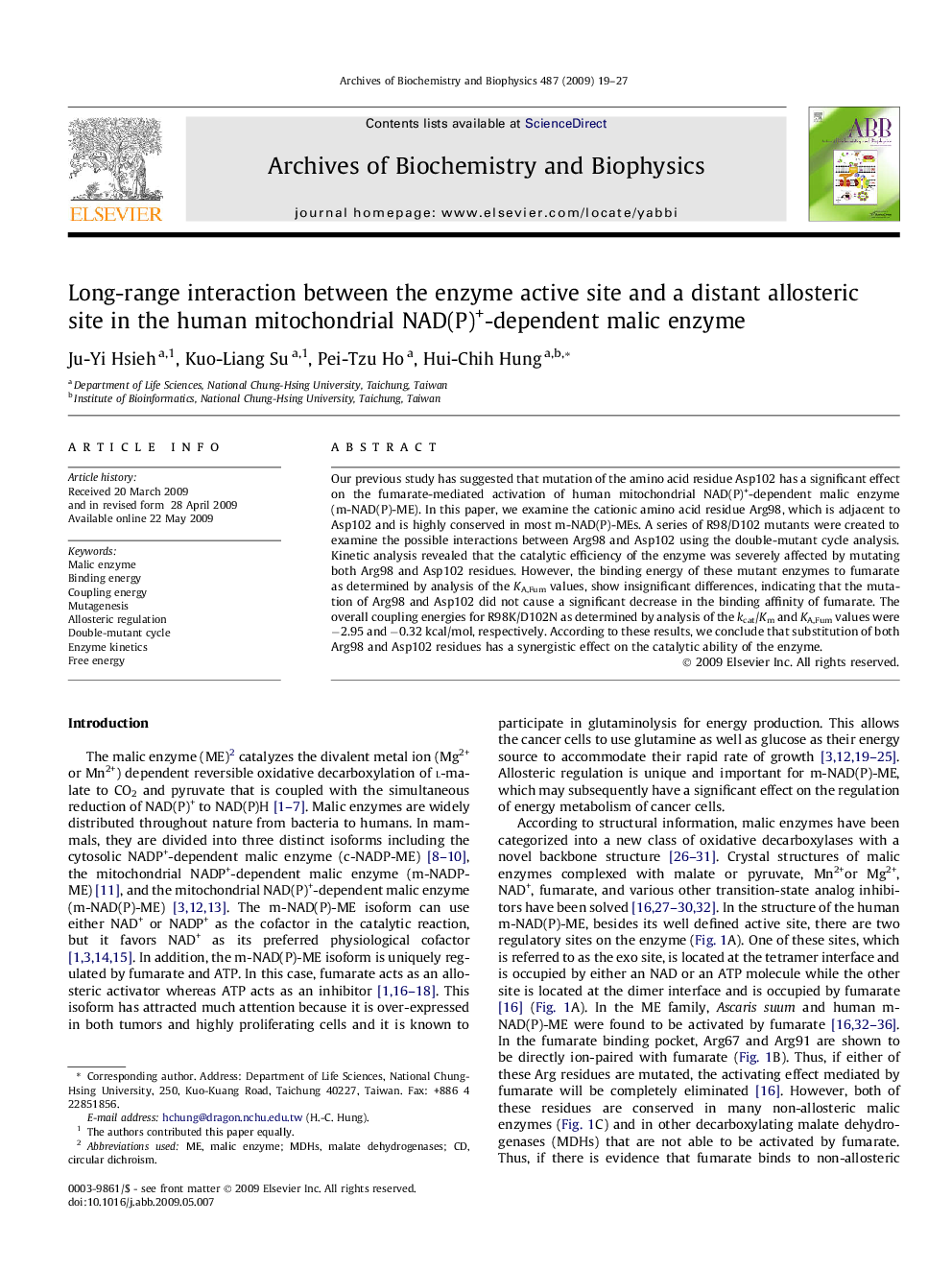 Long-range interaction between the enzyme active site and a distant allosteric site in the human mitochondrial NAD(P)+-dependent malic enzyme