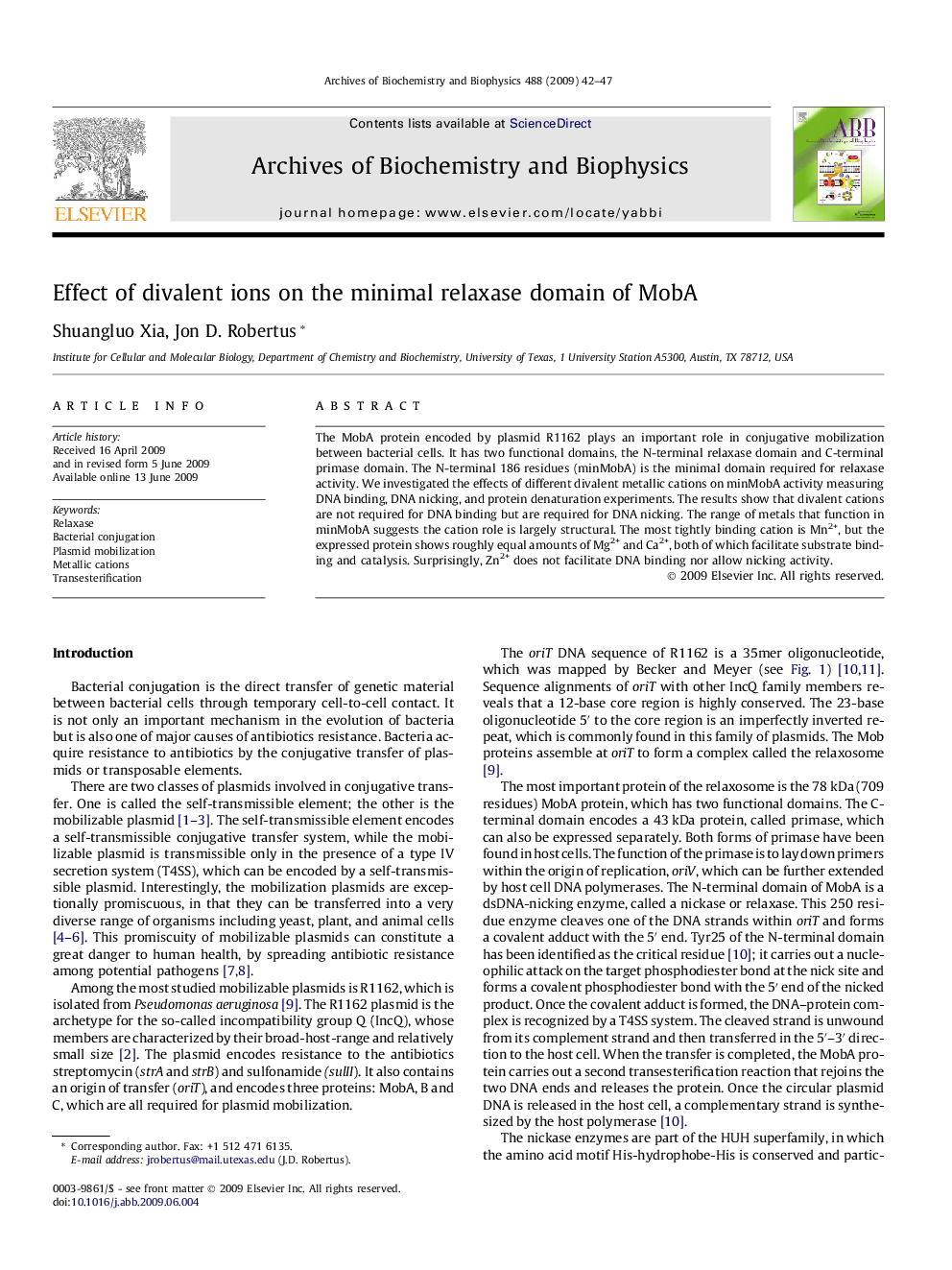 Effect of divalent ions on the minimal relaxase domain of MobA