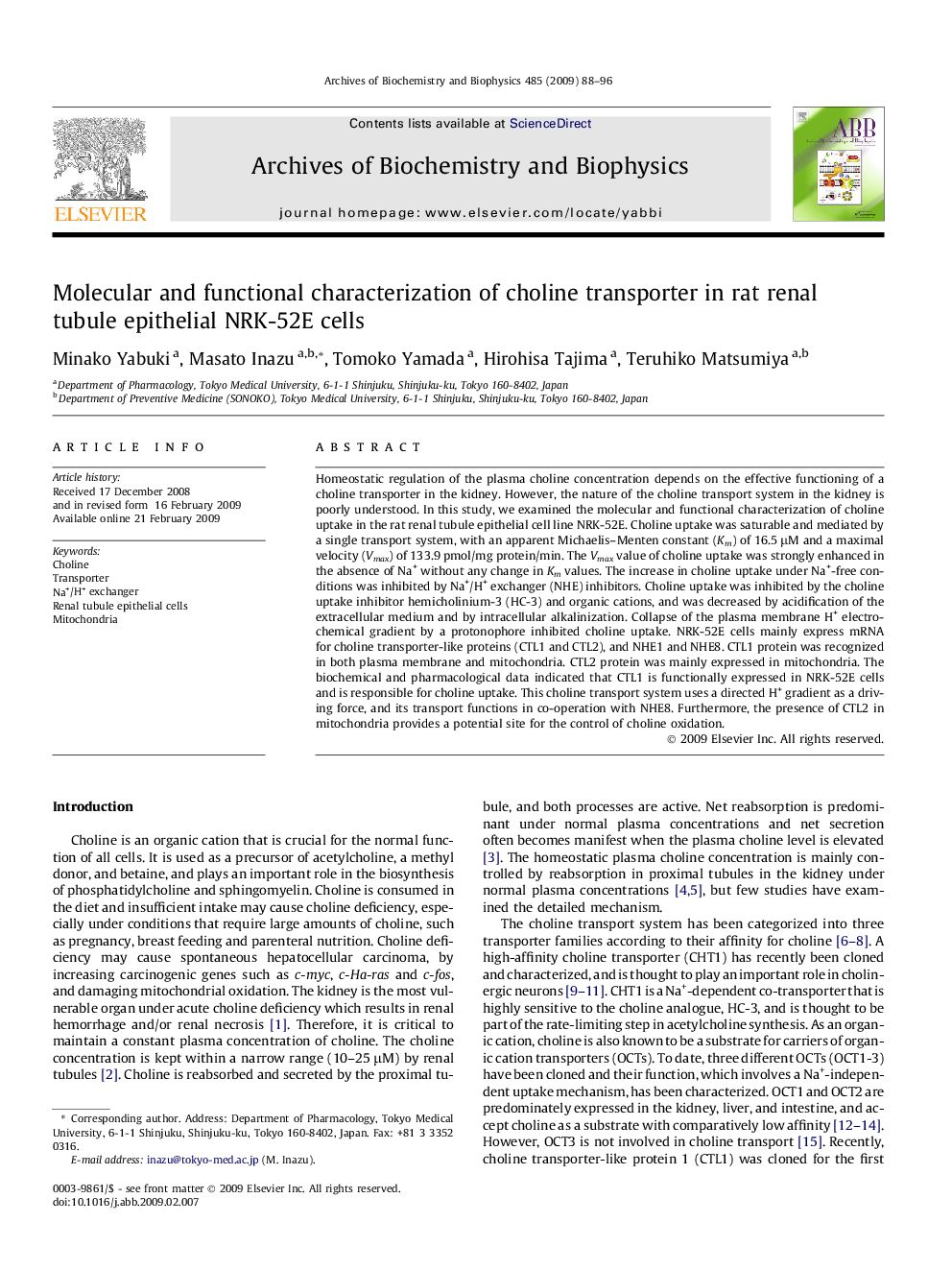 Molecular and functional characterization of choline transporter in rat renal tubule epithelial NRK-52E cells