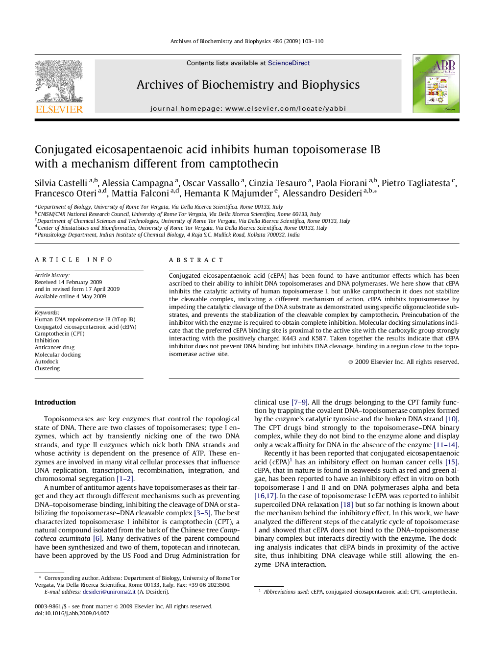 Conjugated eicosapentaenoic acid inhibits human topoisomerase IB with a mechanism different from camptothecin