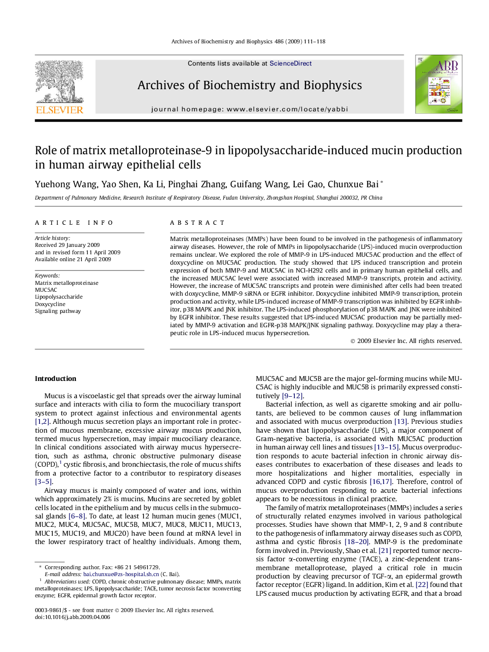 Role of matrix metalloproteinase-9 in lipopolysaccharide-induced mucin production in human airway epithelial cells