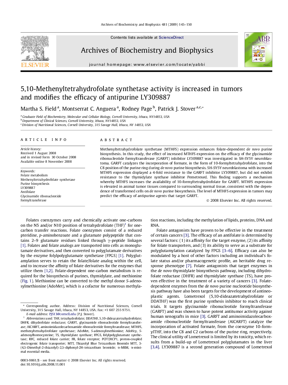 5,10-Methenyltetrahydrofolate synthetase activity is increased in tumors and modifies the efficacy of antipurine LY309887