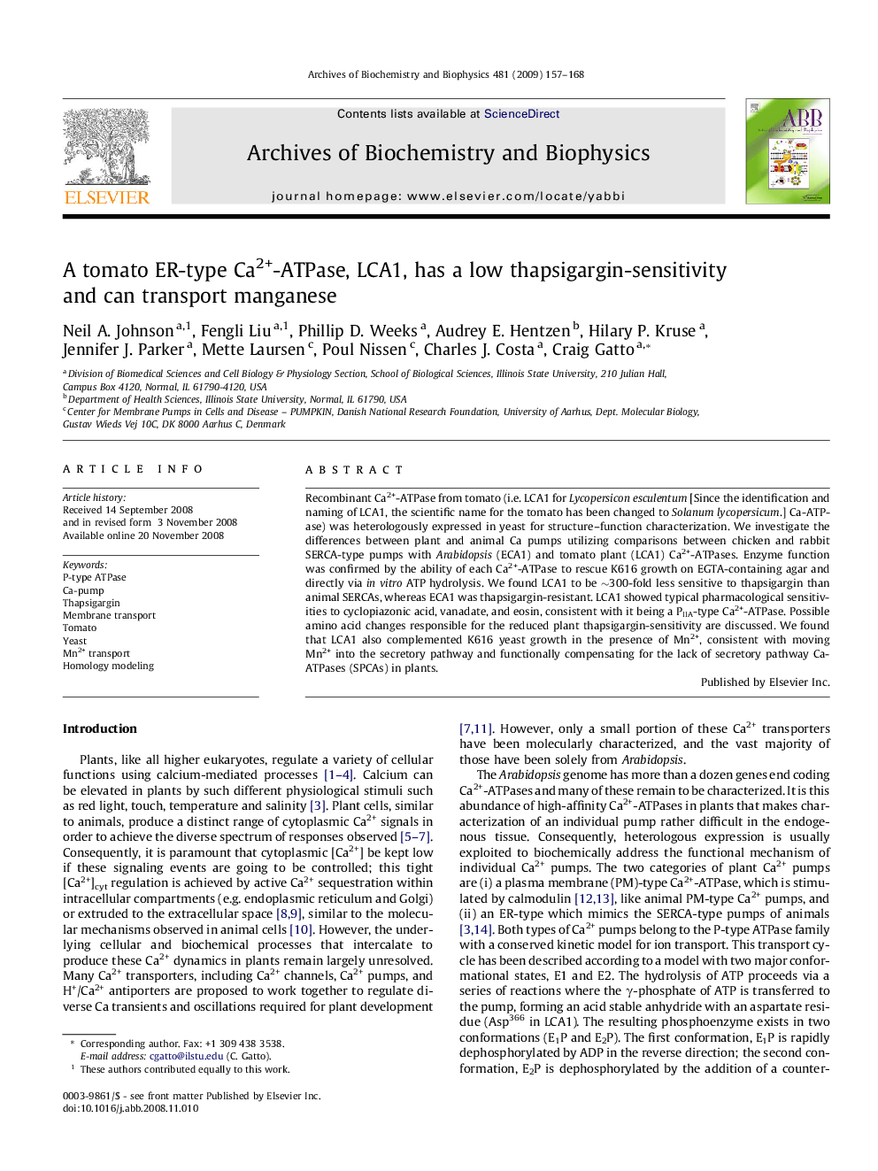 A tomato ER-type Ca2+-ATPase, LCA1, has a low thapsigargin-sensitivity and can transport manganese