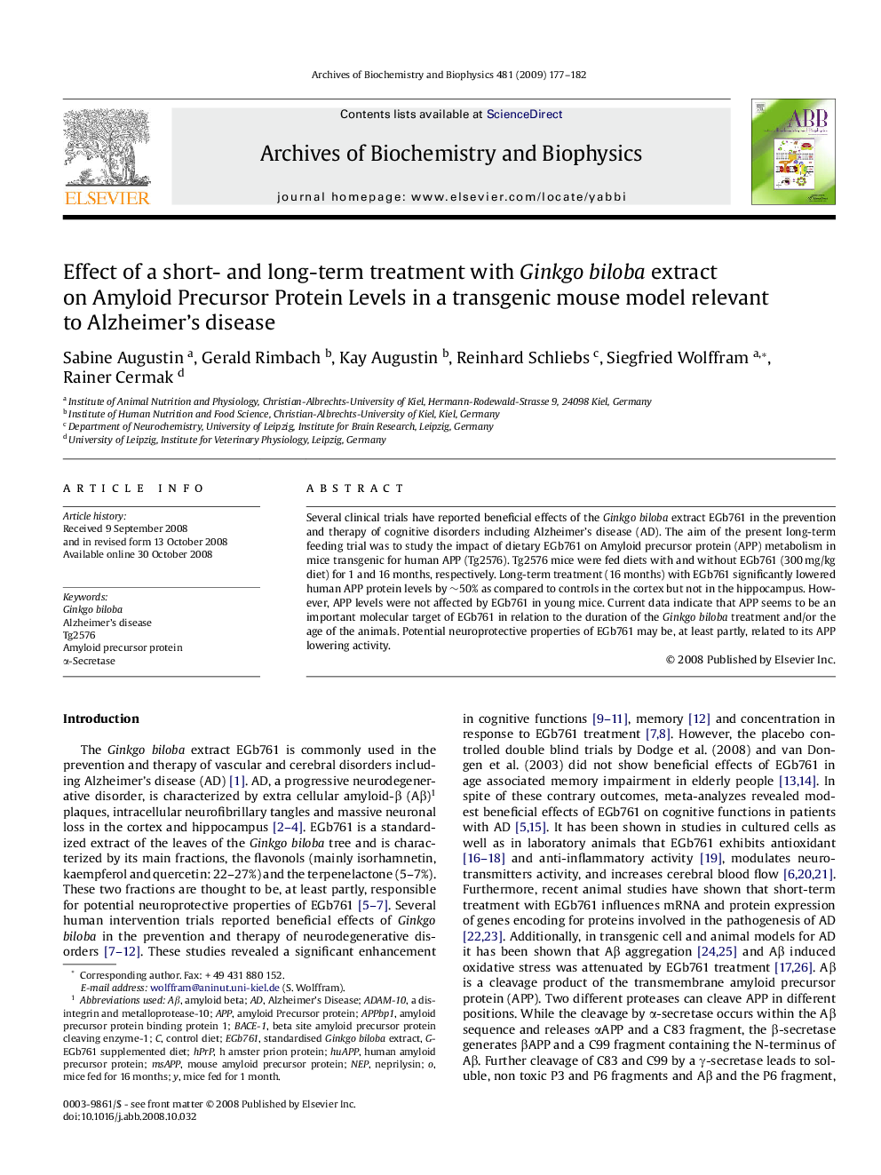 Effect of a short- and long-term treatment with Ginkgo biloba extract on Amyloid Precursor Protein Levels in a transgenic mouse model relevant to Alzheimer’s disease