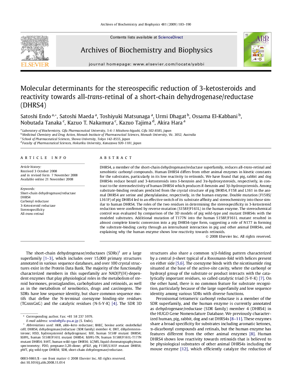 Molecular determinants for the stereospecific reduction of 3-ketosteroids and reactivity towards all-trans-retinal of a short-chain dehydrogenase/reductase (DHRS4)