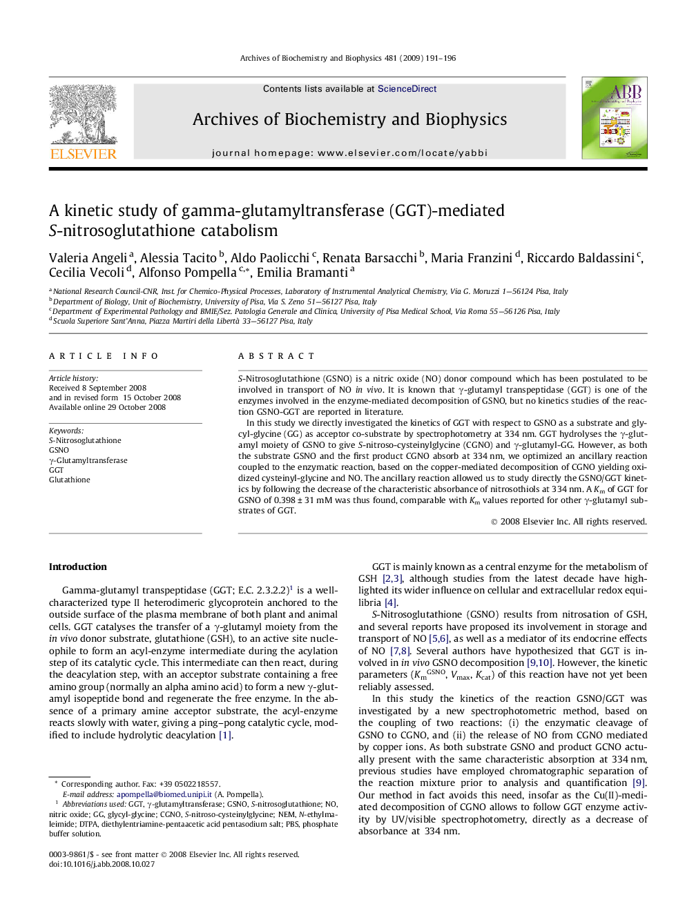 A kinetic study of gamma-glutamyltransferase (GGT)-mediated S-nitrosoglutathione catabolism