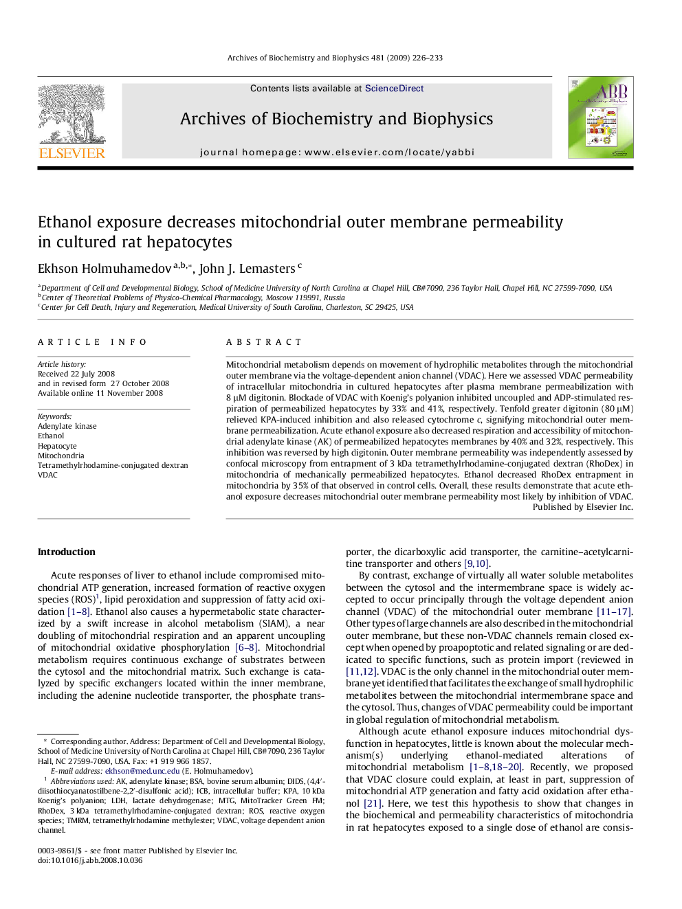 Ethanol exposure decreases mitochondrial outer membrane permeability in cultured rat hepatocytes