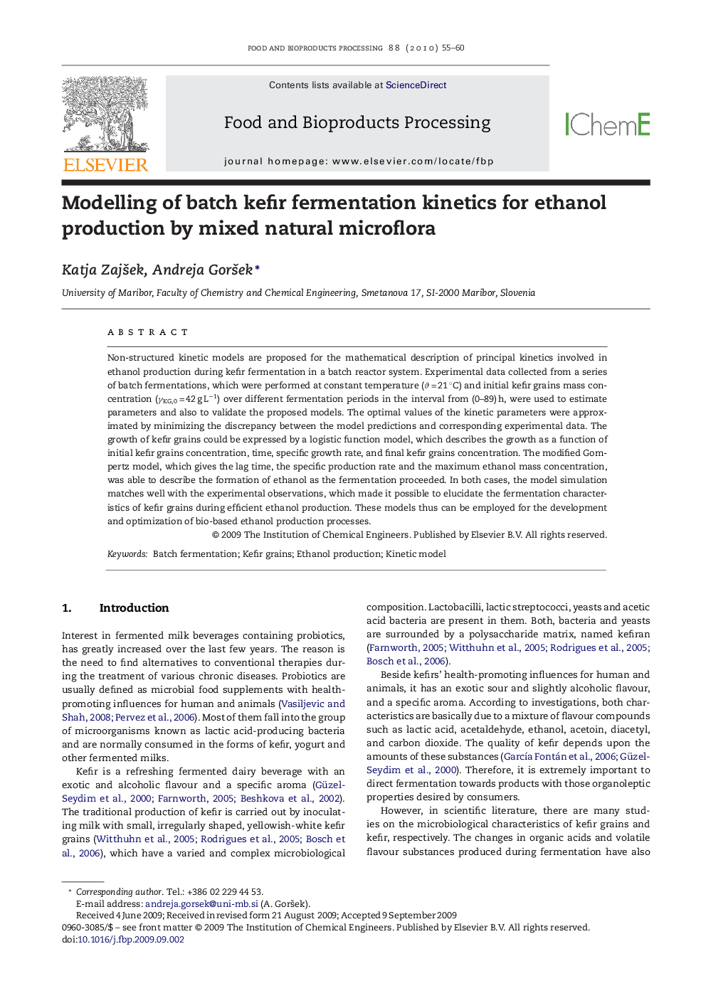 Modelling of batch kefir fermentation kinetics for ethanol production by mixed natural microflora