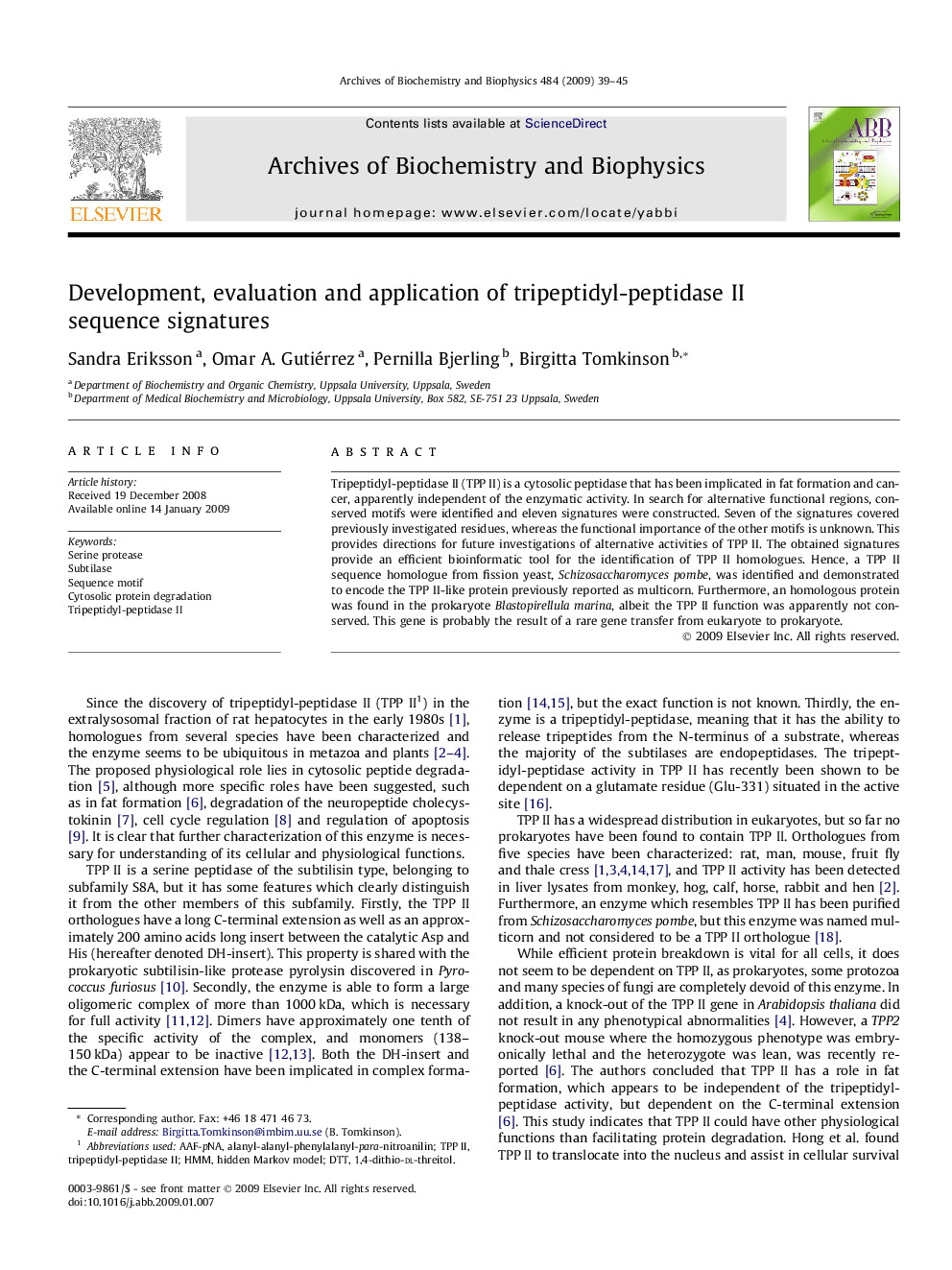 Development, evaluation and application of tripeptidyl-peptidase II sequence signatures