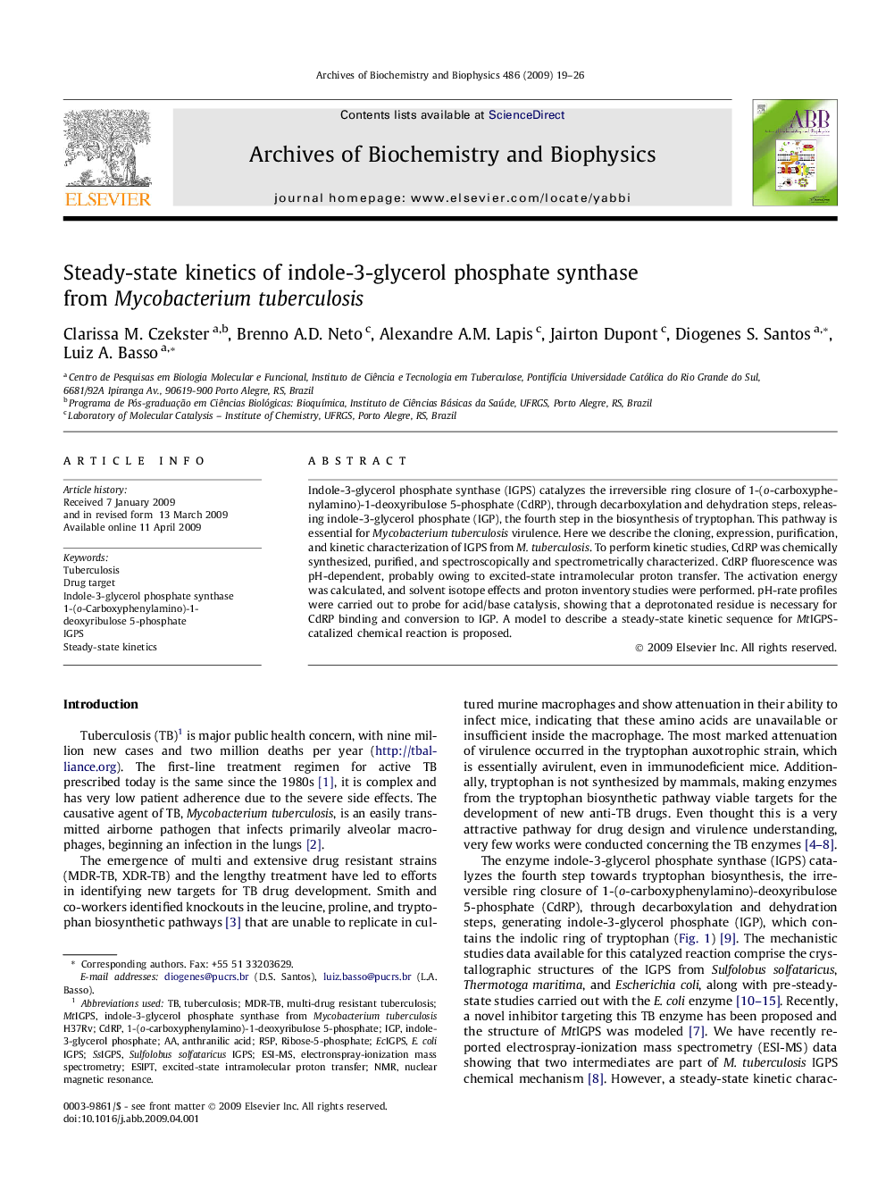 Steady-state kinetics of indole-3-glycerol phosphate synthase from Mycobacterium tuberculosis