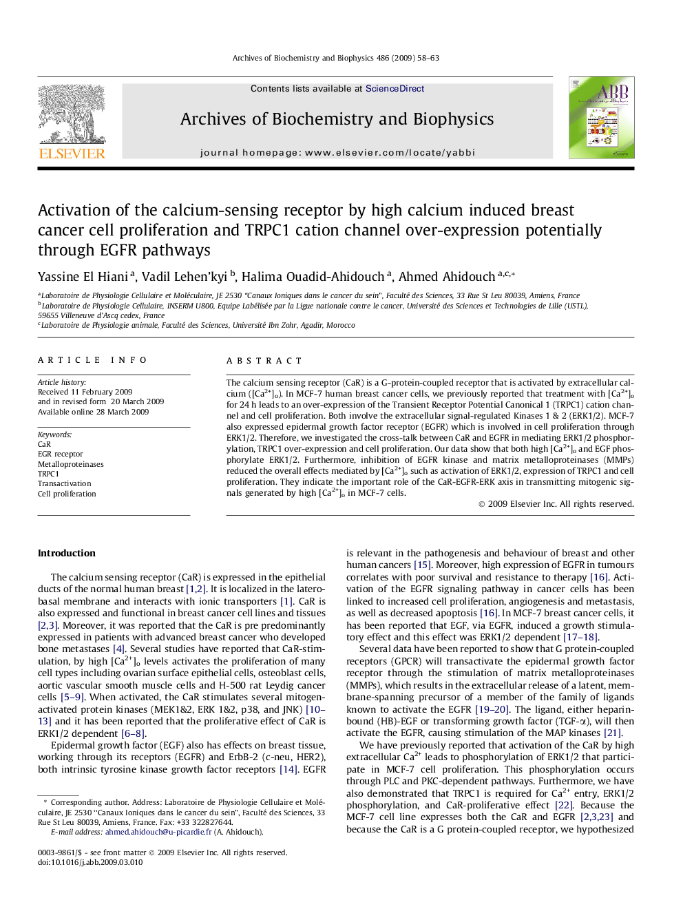 Activation of the calcium-sensing receptor by high calcium induced breast cancer cell proliferation and TRPC1 cation channel over-expression potentially through EGFR pathways