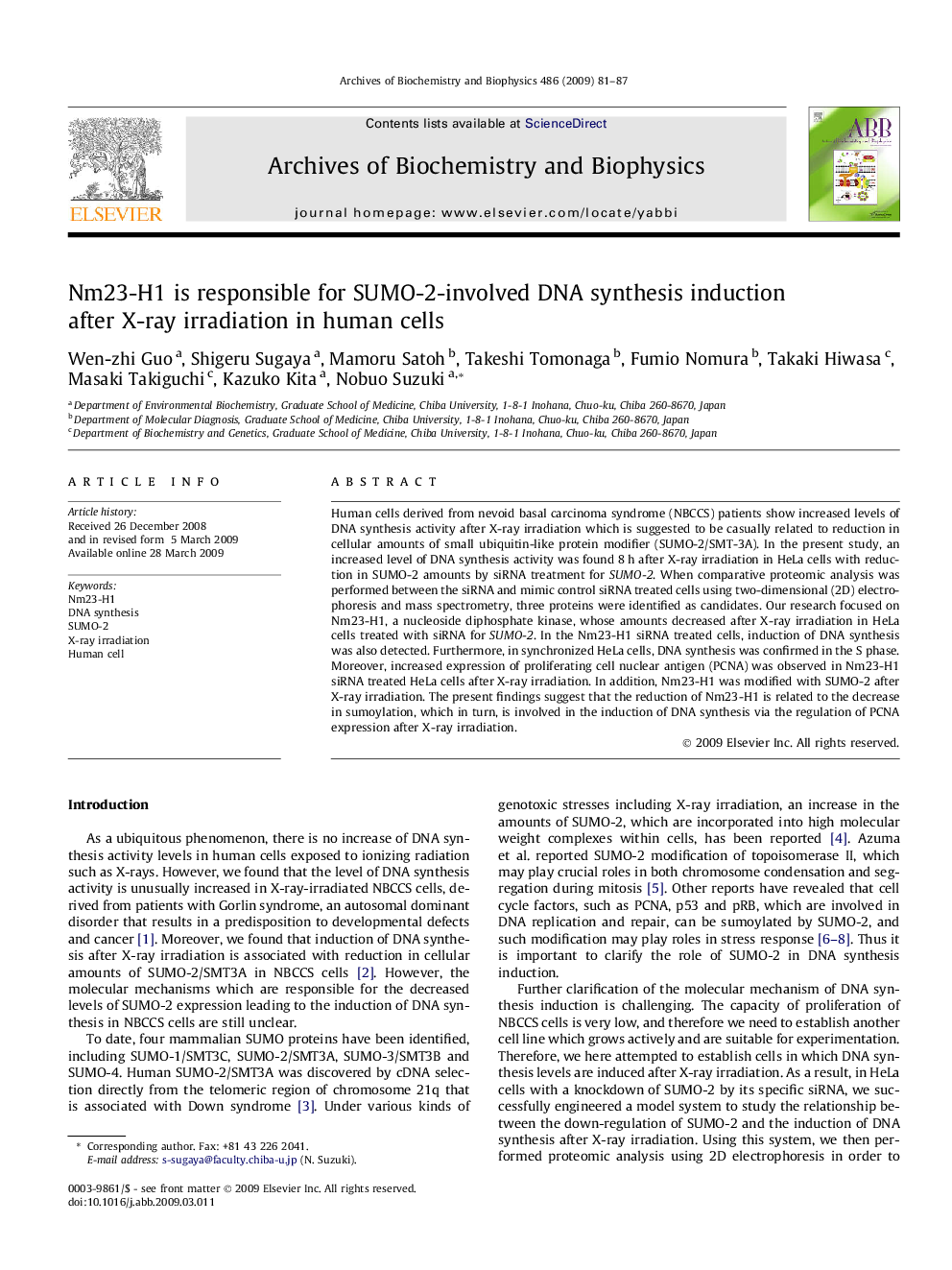 Nm23-H1 is responsible for SUMO-2-involved DNA synthesis induction after X-ray irradiation in human cells