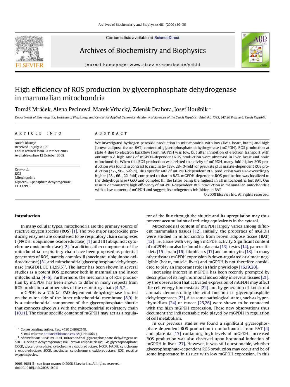 High efficiency of ROS production by glycerophosphate dehydrogenase in mammalian mitochondria