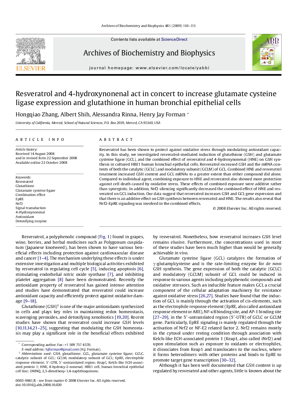 Resveratrol and 4-hydroxynonenal act in concert to increase glutamate cysteine ligase expression and glutathione in human bronchial epithelial cells