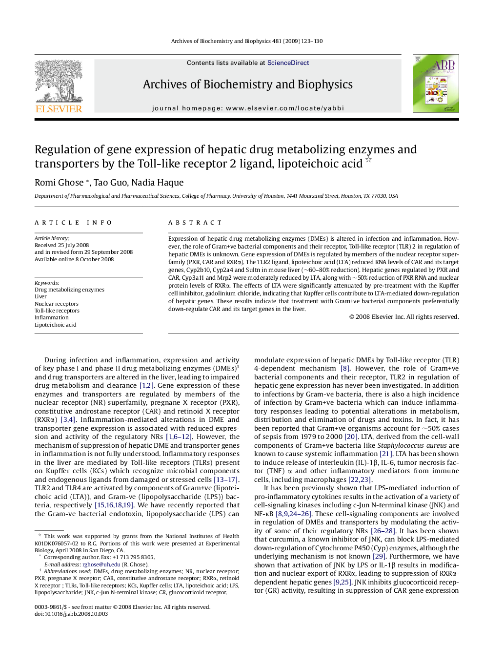 Regulation of gene expression of hepatic drug metabolizing enzymes and transporters by the Toll-like receptor 2 ligand, lipoteichoic acid 