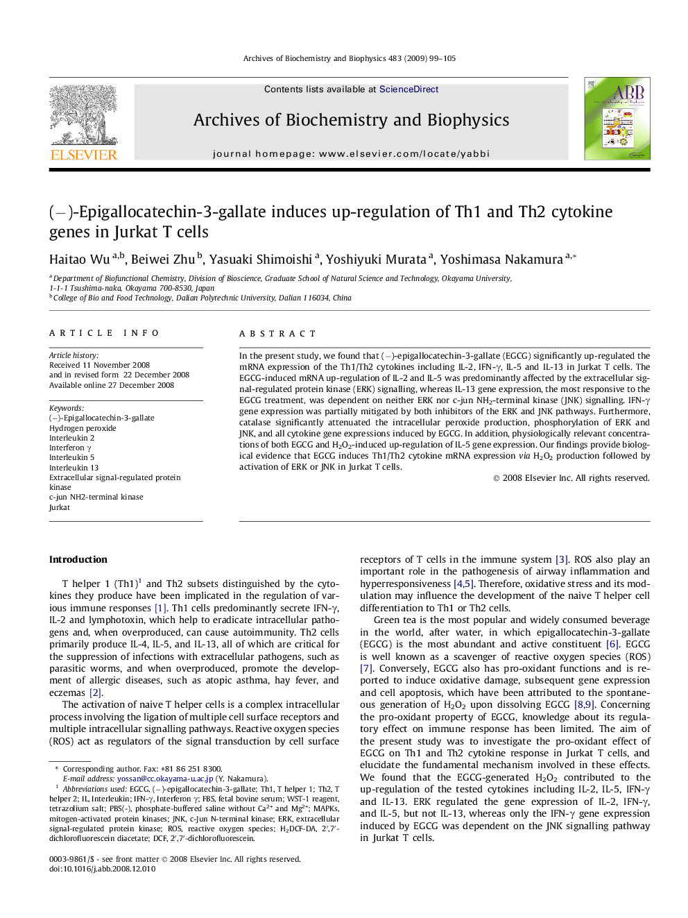 (−)-Epigallocatechin-3-gallate induces up-regulation of Th1 and Th2 cytokine genes in Jurkat T cells