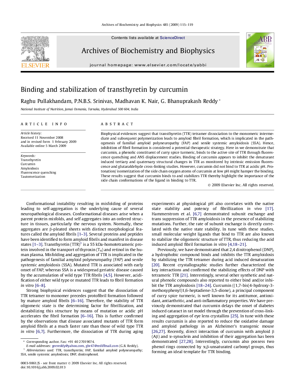 Binding and stabilization of transthyretin by curcumin