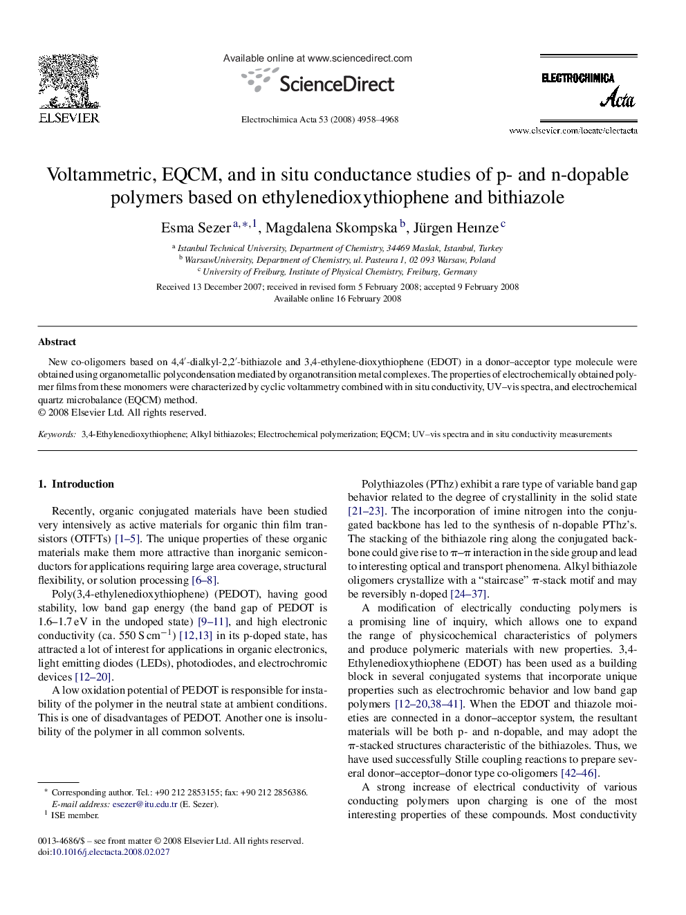 Voltammetric, EQCM, and in situ conductance studies of p- and n-dopable polymers based on ethylenedioxythiophene and bithiazole