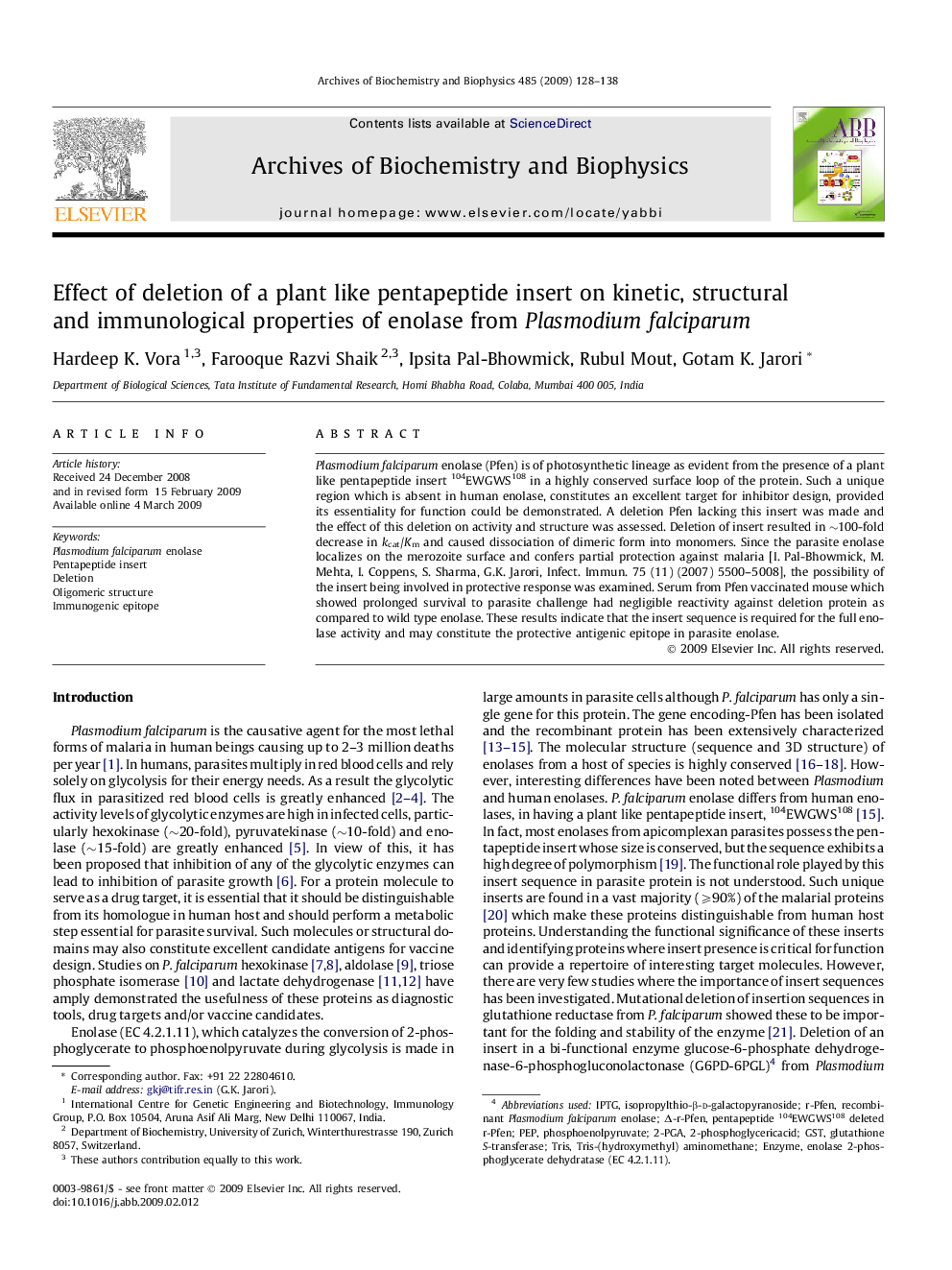 Effect of deletion of a plant like pentapeptide insert on kinetic, structural and immunological properties of enolase from Plasmodium falciparum